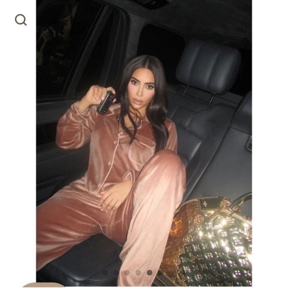 Skims Velour Fleece Long Sleeve Wide Leg Pajama Set in Honey